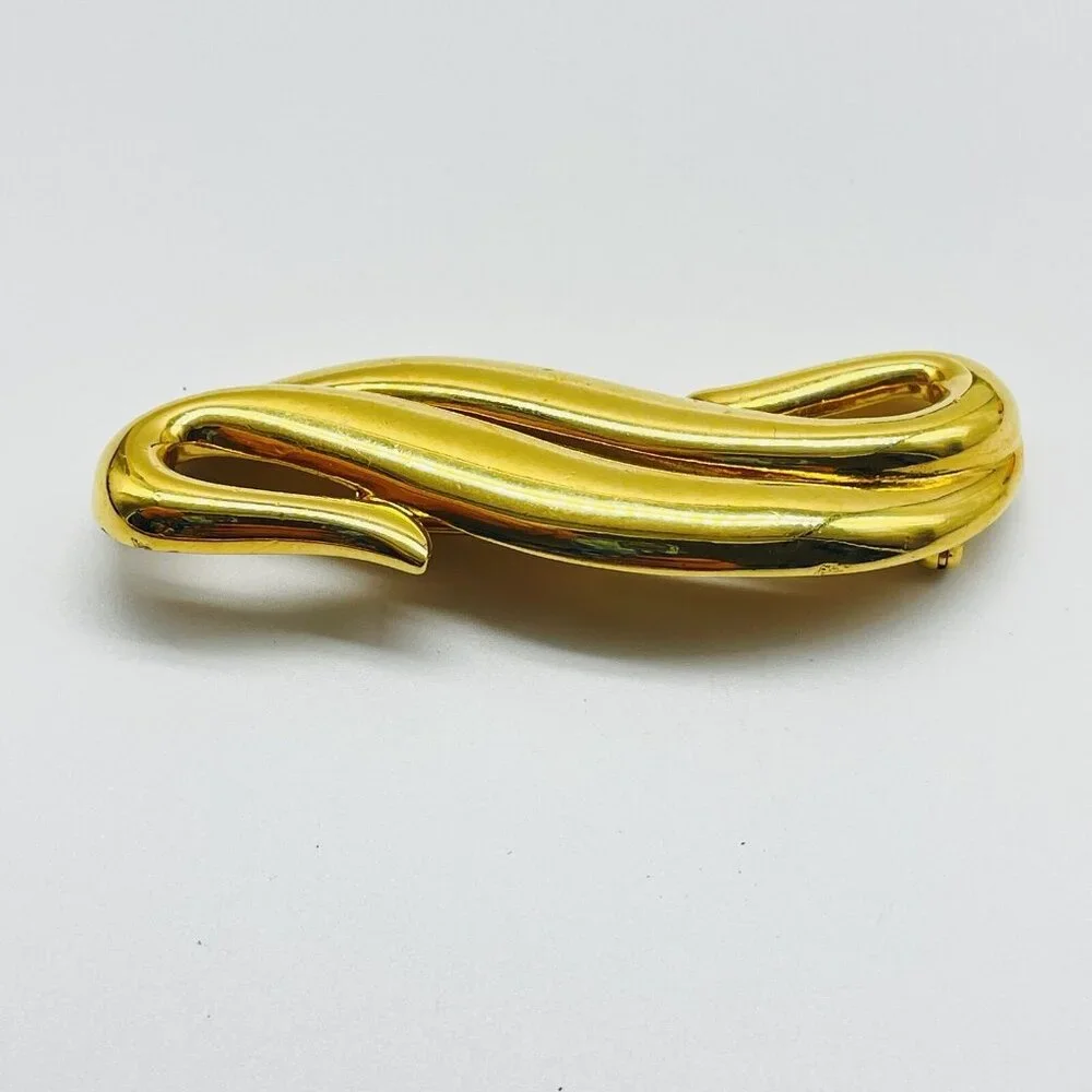 Signed MONET Brooch Gold Tone Abstract Swirl Vintage Designer Costume Jewelry